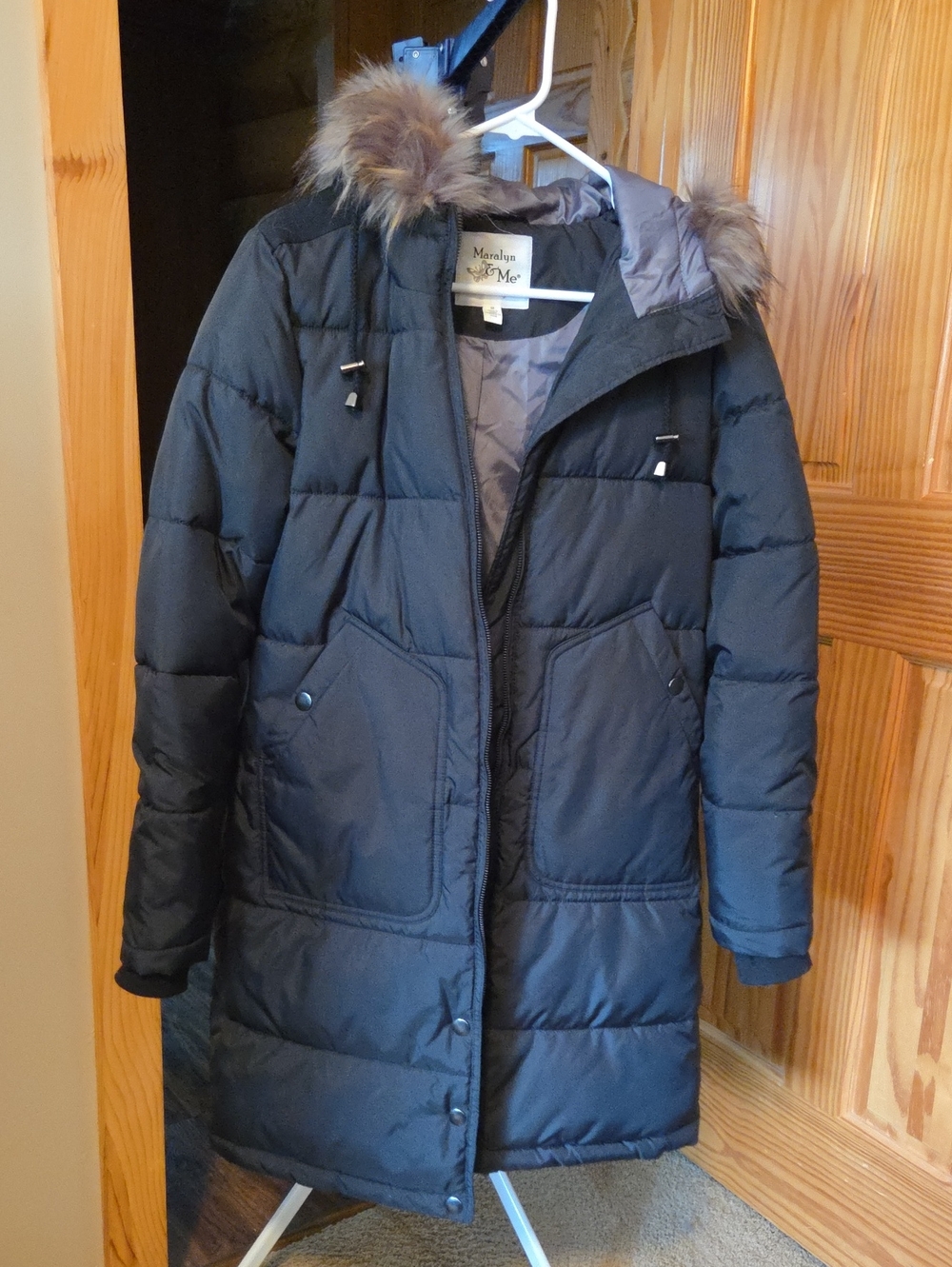 Maralyn & Me Black Long Puffer Coat with Faux Fur Hood Trim